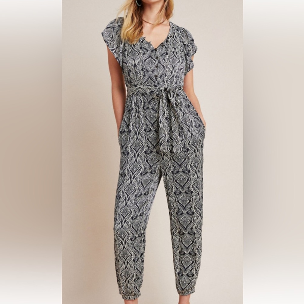 Anthropologie Zadie Satin Black and White Patterned Jumpsuit size 6 NWOT